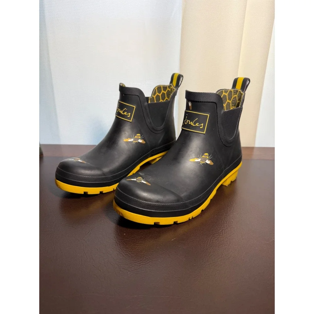 Joules Wellibob Black Bee Print Short Rain Boots Womens Size 7 Waterproof Ankle